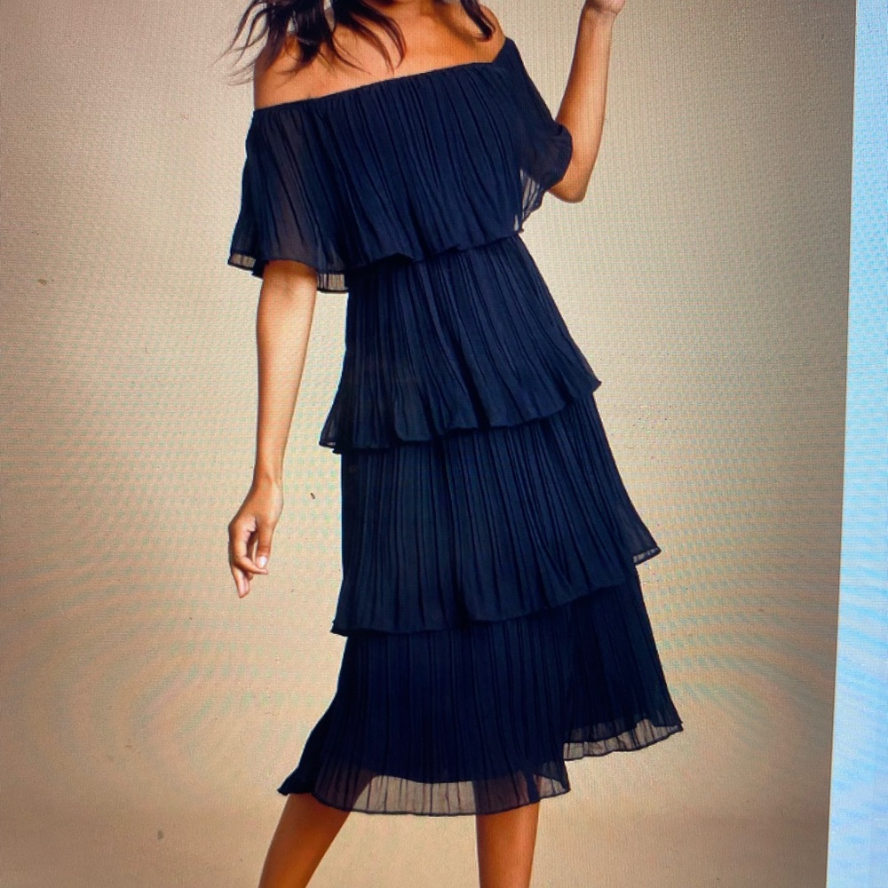 Lulu’s Gala Ready Black Off-the-Shoulder Ruffle Midi Dress